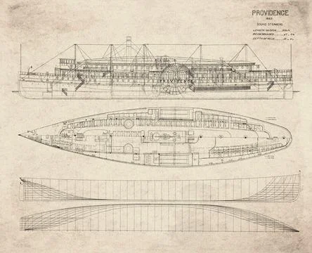 Historic Steamship Plan, Side Wheel Steamer Built in 1866, Providence, Vint.. Stock Illustration
