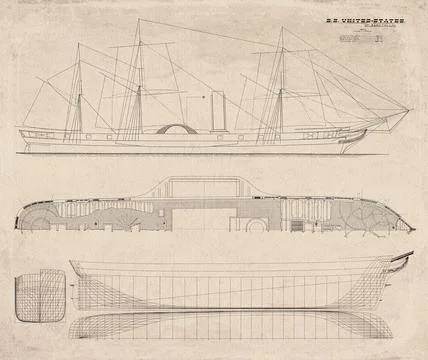Historic Steamship Plan, Side Wheel Steamer Built in 1847, United States, V.. Stock Illustration