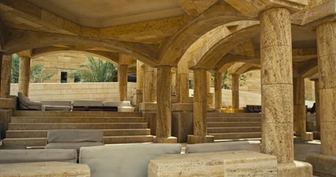 Historic stone arcade with vaulted arches and limestone columns Stock-Footage 342036199