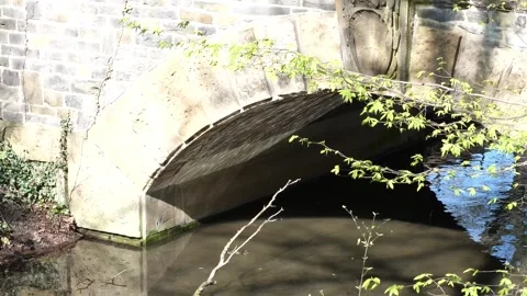 Historic Stone Arch Bridge Over Calm River Stock Footage 331384002