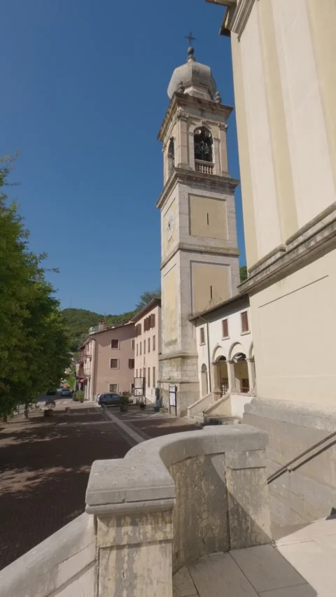 Historic Stone Bell Tower Of Catholic Village Church, Low Angle View Stock Footage 340199694