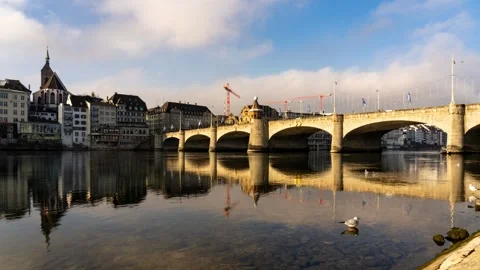 Historic Stone Bridge over the Rhine River in Basel, Switzerland Stock Footage 343349736