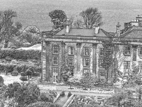 Historic stone building with window rows and garden pathway 스톡 일러스트