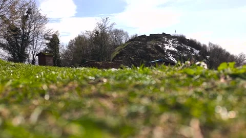 Historic Stone Castle Viewed from Grassy Foreground Static Ground Shot Stock-Footage 340347371