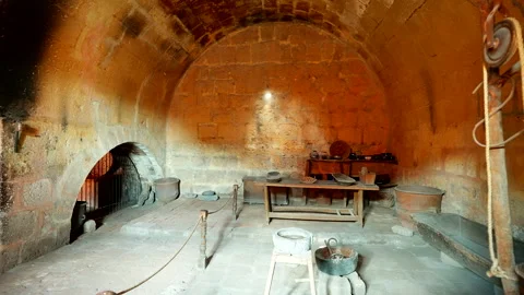 Historic Stone Monastery Kitchen Interior With Traditional Cooking Tools Stock Footage 337477041