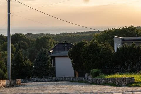 Historic stone path against setting sun in area of western Foto stock