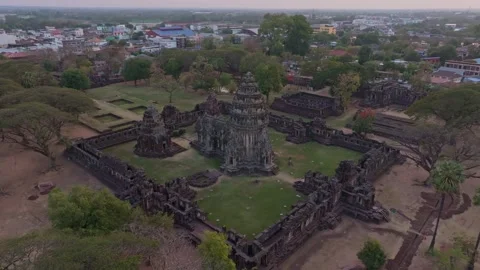 Historic stone temple complex viewed from sky in Phimai Video stock 306758435