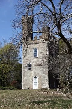 Historic Stone Tower Framed by Tree Branches, Ancient Upperton Monument Stock Photos
