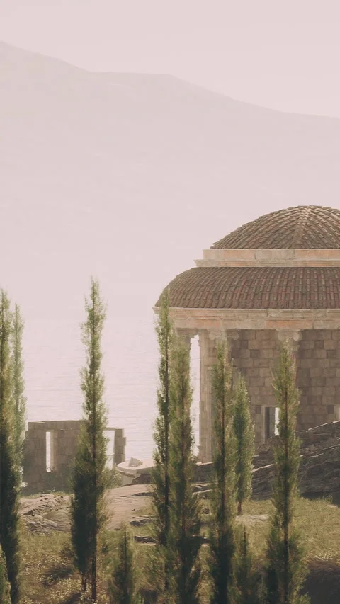 Historic structure beside water with trees in a quiet location at sunset Stock Footage 339043391