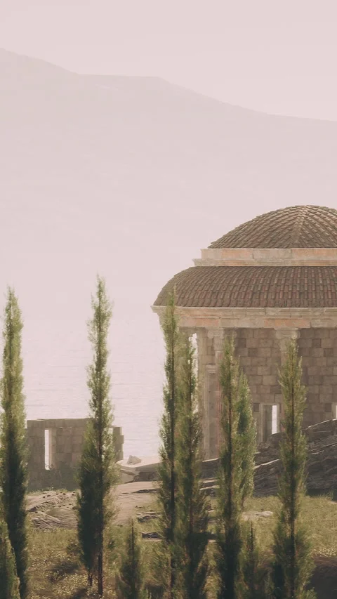 Historic structure beside water with trees in the background at dusk Stock Footage 341034374