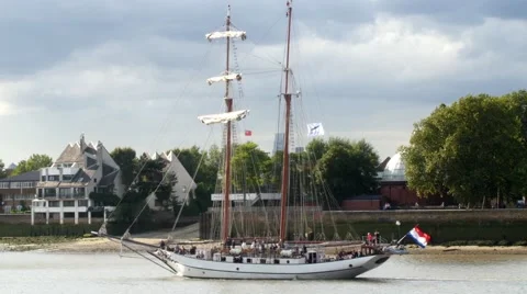 Historic tall sailing ship on the river Thames Stock Footage 57199259