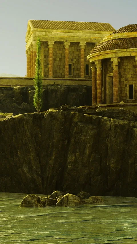 Historic temple complex situated on rocky coast surrounded by water Stock Footage 309759202