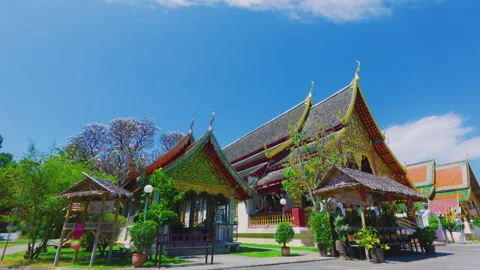 Historic temple complex with traditional Thai architecture in Chiang Mai Stock Footage 342336127
