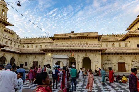 Historic Temple Courtyard With Devotees Visiting Sacred Hindu Shrine In India 写真素材
