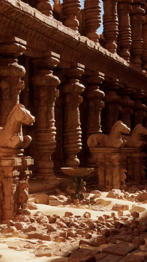 Historic temple structure shows carved pillars and lion statues in sunlight Stock Footage 339505035