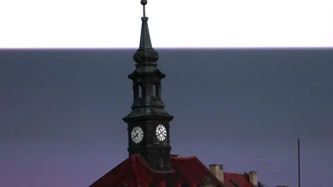 Historic tower clock with lightning strike in dark sky Stock Footage 268781422