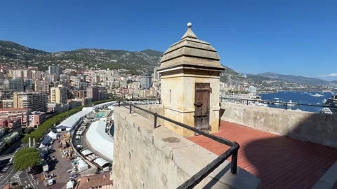 Historic Tower with Monaco Cityscape - Static Daytime View Stock Footage 346562594