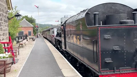 Historic train stops at a small railway station, red carriages on light-coloured 動画素材 316852505