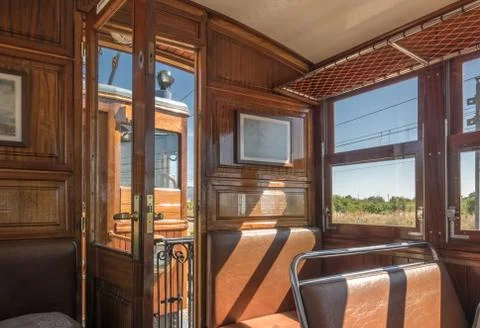 Historic train Tram between Soller and Palma with views over the Soller village Foto stock