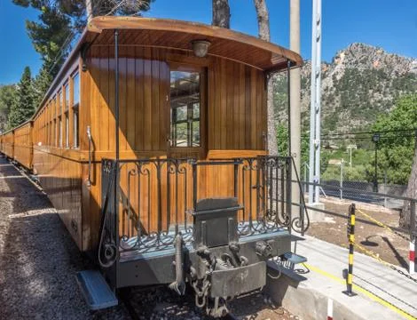 Historic train Tram between Soller and Palma with views over the Soller village Stock Photos