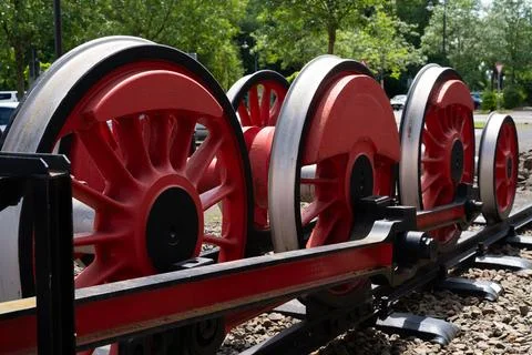 Historic train wheels display. Close-up. Stock Photos