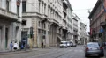Historic Tram Vintage Tramway Passing Manzoni Street People Walking Milan Italy HD Footage
