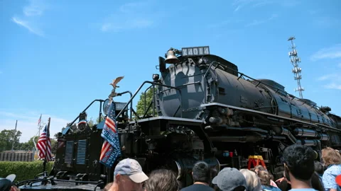Historic Union Pacific Big Boy steam locomotive on public display at sunny day Stock Footage 340383784