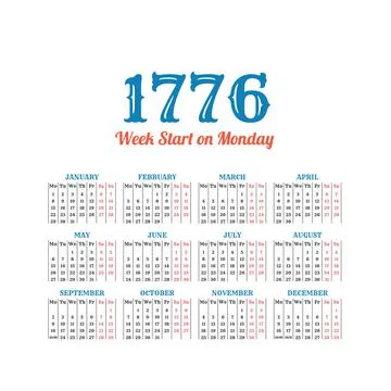 Historic vector calendar of 1776. Start on Monday Stock Illustration