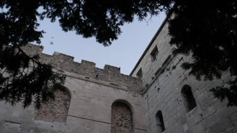 Historic Wall and Flock of Shallow birds in Old City, Split Stock Footage 202578352