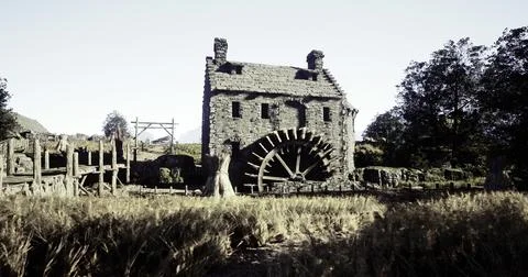 Historic watermill surrounded by golden fields at sunset Stock Illustration