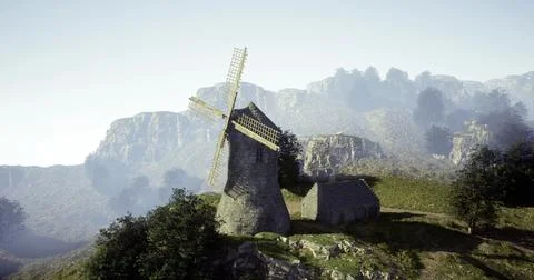 Historic windmill stands on a hilltop surrounded by mountains and trees Stock Illustration