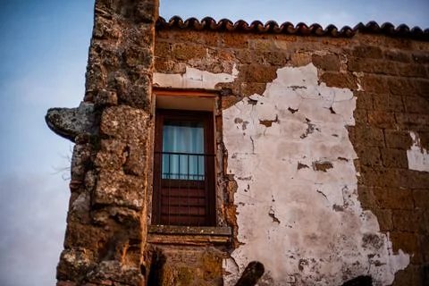 Historic Window and Stone Facade in Civita di Bagnoregio, Italy Stock Photos