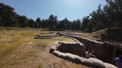 Historic World War I battlefield trenches and sandbags in Gallipoli Peninsula Stock Footage 339242593