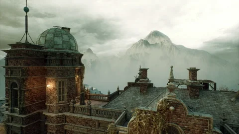 Historical architectural elements with distant mountain backdrop Stock Footage 327183481
