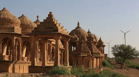 Historical Bada Bagh ( Barabagh ) royal Cenotaphs and windmills of Jaisalmer Stock Footage 52459742