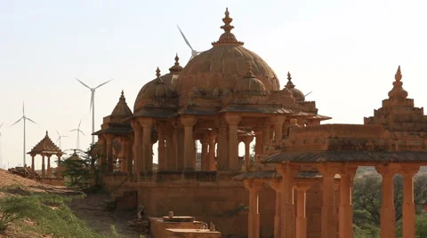 Historical Bada Bagh ( Barabagh ) royal Cenotaphs and windmills of Jaisalmer Stock Footage 61425776