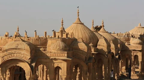 Historical Bada Bagh ( Barabagh ) royal Cenotaphs and windmills of Jaisalmer Stock Footage 61426225