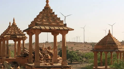 Historical Bada Bagh ( Barabagh ) royal Cenotaphs and windmills of Jaisalmer Stock Footage 61427769