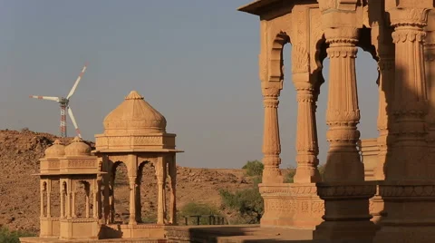 Historical Bada Bagh ( Barabagh ) royal Cenotaphs and windmills of Jaisalmer Stock Footage 61428240