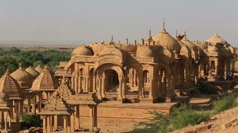 Historical Bada Bagh ( Barabagh ) royal Cenotaphs and windmills of Jaisalmer Stock Footage 132895666