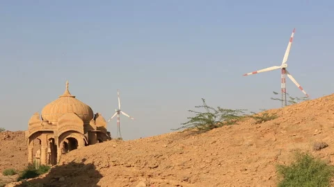 Historical Bada Bagh ( Barabagh ) royal Cenotaphs and windmills of Jaisalmer Stock Footage 132896865