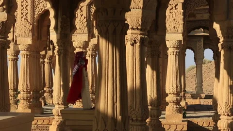 Historical Bada Bagh ( Barabagh ) royal Cenotaphs and windmills of Jaisalmer Stock Footage 132898841