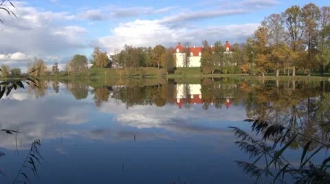 Historical Birzai castle and Sirvena lake, Lithuania Stock Footage