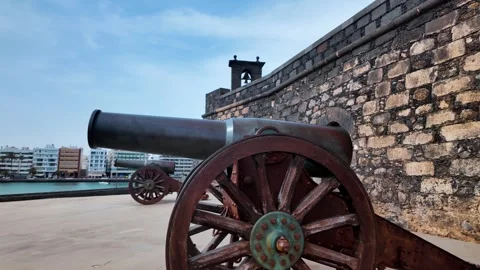Historical cannons at Castillo de San Gabriel, Arrecife, Lanzarote Stock Footage 346375327