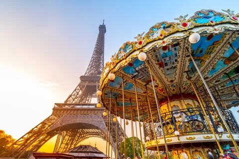 Historical Carousel of the Eiffel Tower in Paris Stock Photos