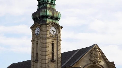 Historical clock tower of Luxembourg Train Station, Zoom in Movement Stock Footage 119273179