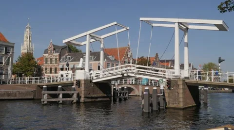 Historical drawbridge in old town,Haarlem,Netherlands Stock Footage