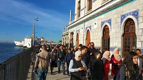 Historical ferry harbor , peoples and sunny day Stock Footage 98562753