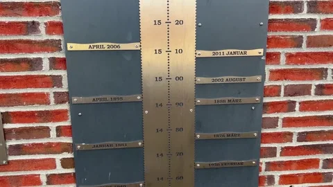 Historical Flood Level Marks on a Water Level Gauge Stock Footage 341818832