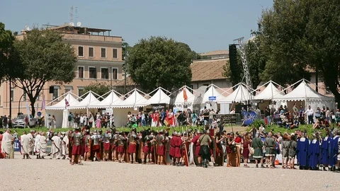Historical groups evoke ancient Roman traditions at Circus Maximus Stock Footage 97201834